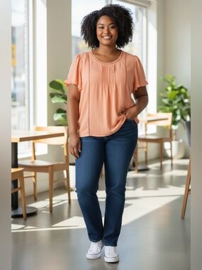 Iyla Women's Peach Pintuck Lace Inset Short Sleeve Top size xxl